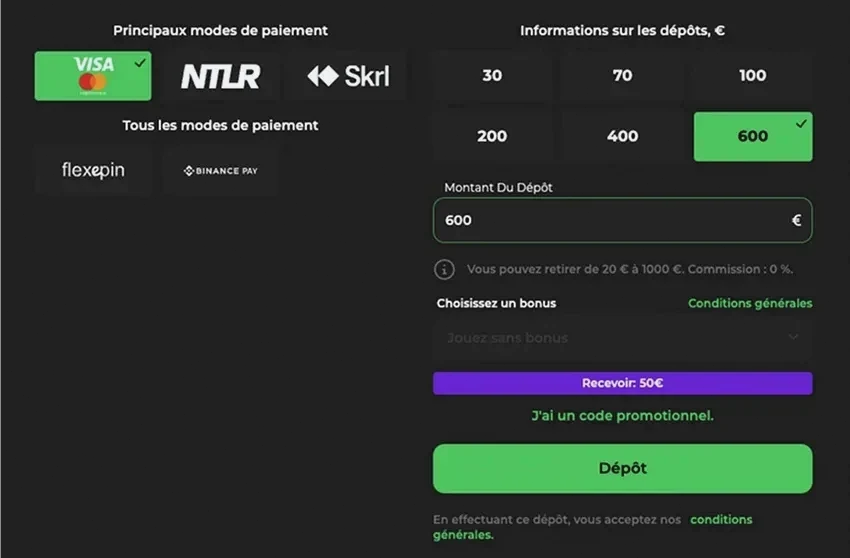 Choix du moyen de paiement Betify